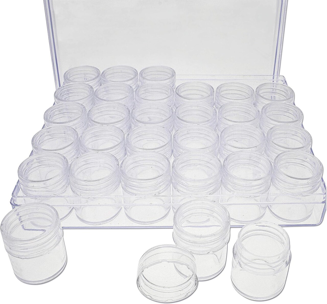 The Beadsmith Personality Case - Clear Storage Organizer Box, 6.4 x 5.4 x 1.25 inches - Includes 30 Small Containers with lids – 1 x 1.1 inches, Bead Holder